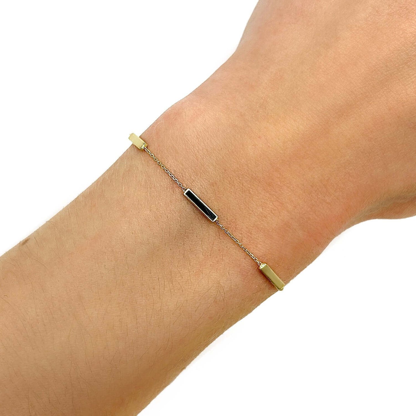 14K Real Gold Yellow Minimalist Alternating Black Bar Bracelet 6.25"-7.25" Adjustable