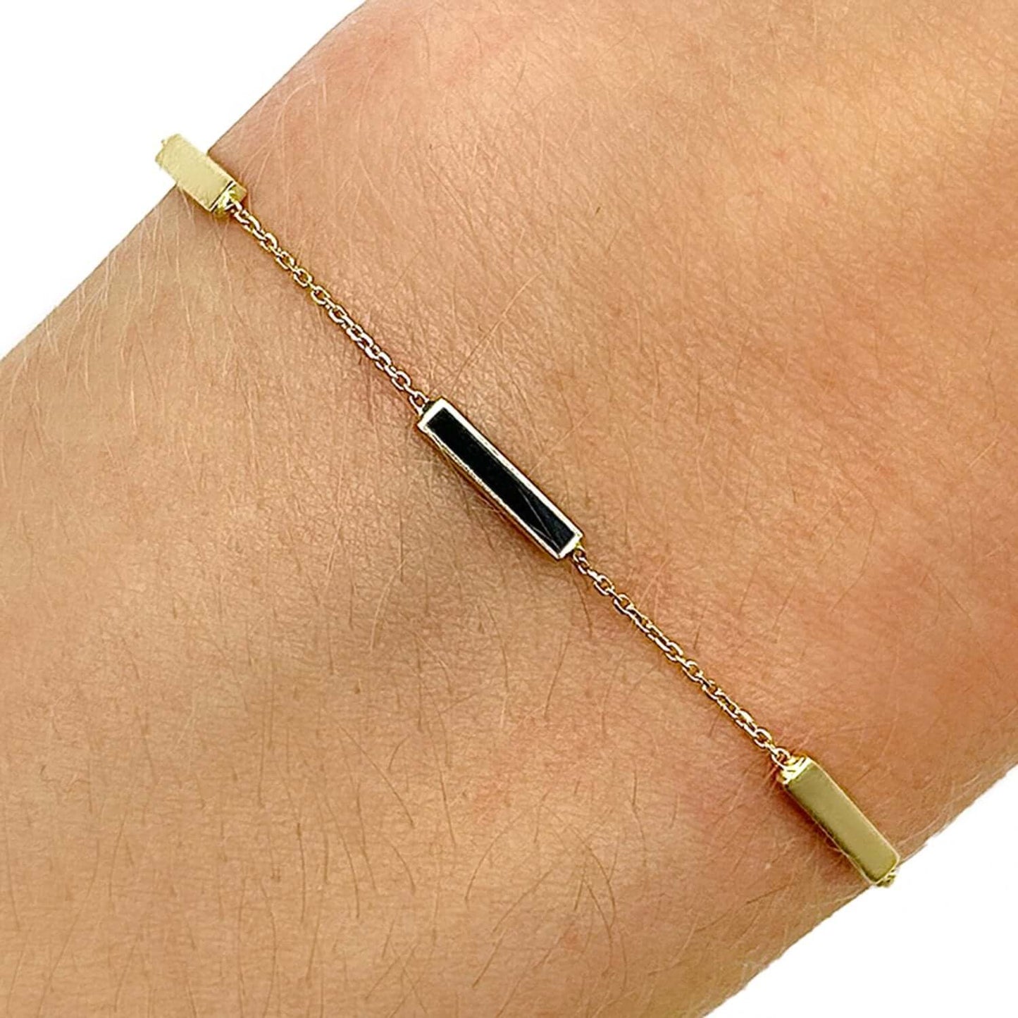 14K Real Gold Yellow Minimalist Alternating Black Bar Bracelet 6.25"-7.25" Adjustable