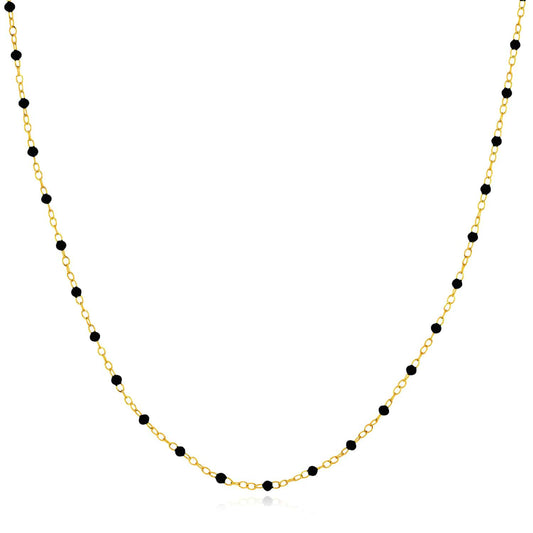 14K Yellow Gold Black Beaded Station Cable Necklace (Solid Links) 16"-18" Adjustable