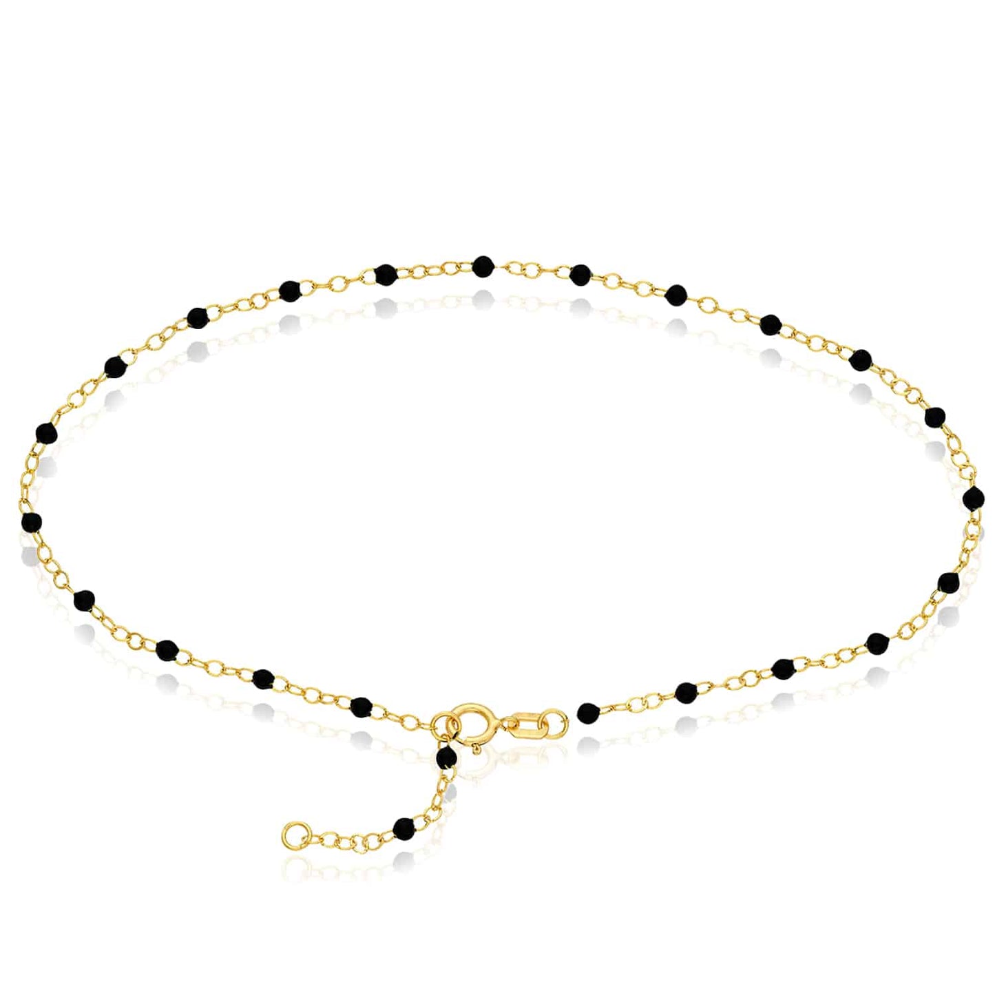 14K Real Gold Yellow Black Beaded Anklet 9"- 10" Adjustable