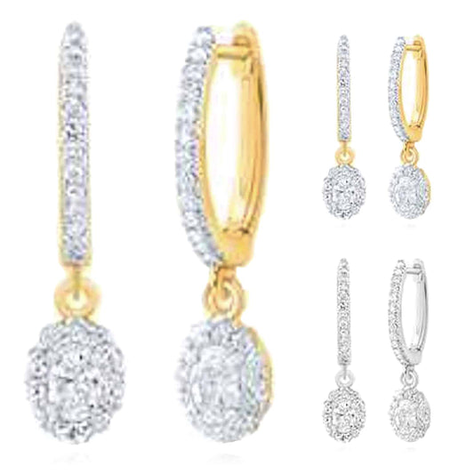 0.60CTW Natural Diamond 10K Gold Yellow White Drop Hoop Earrings 23mm