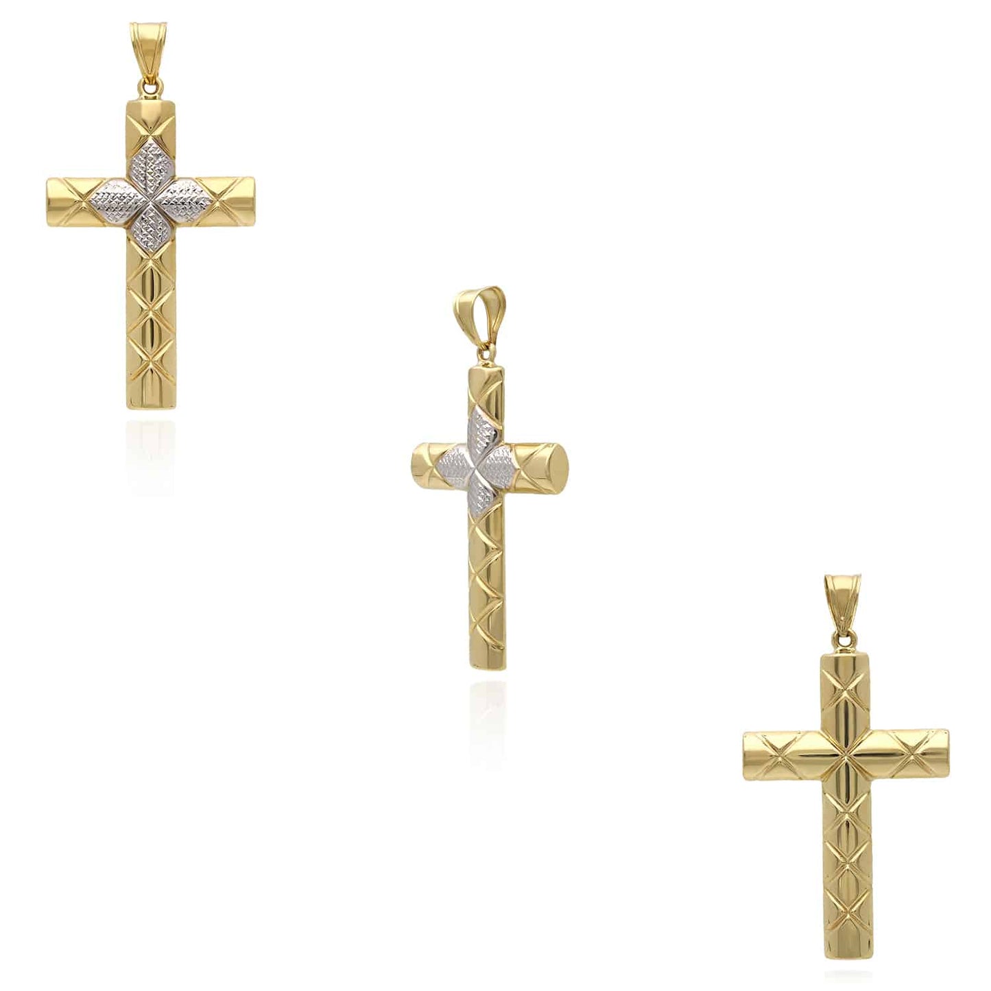 14K Real Gold White Diamond-Cut Cross Pendant 3.1"