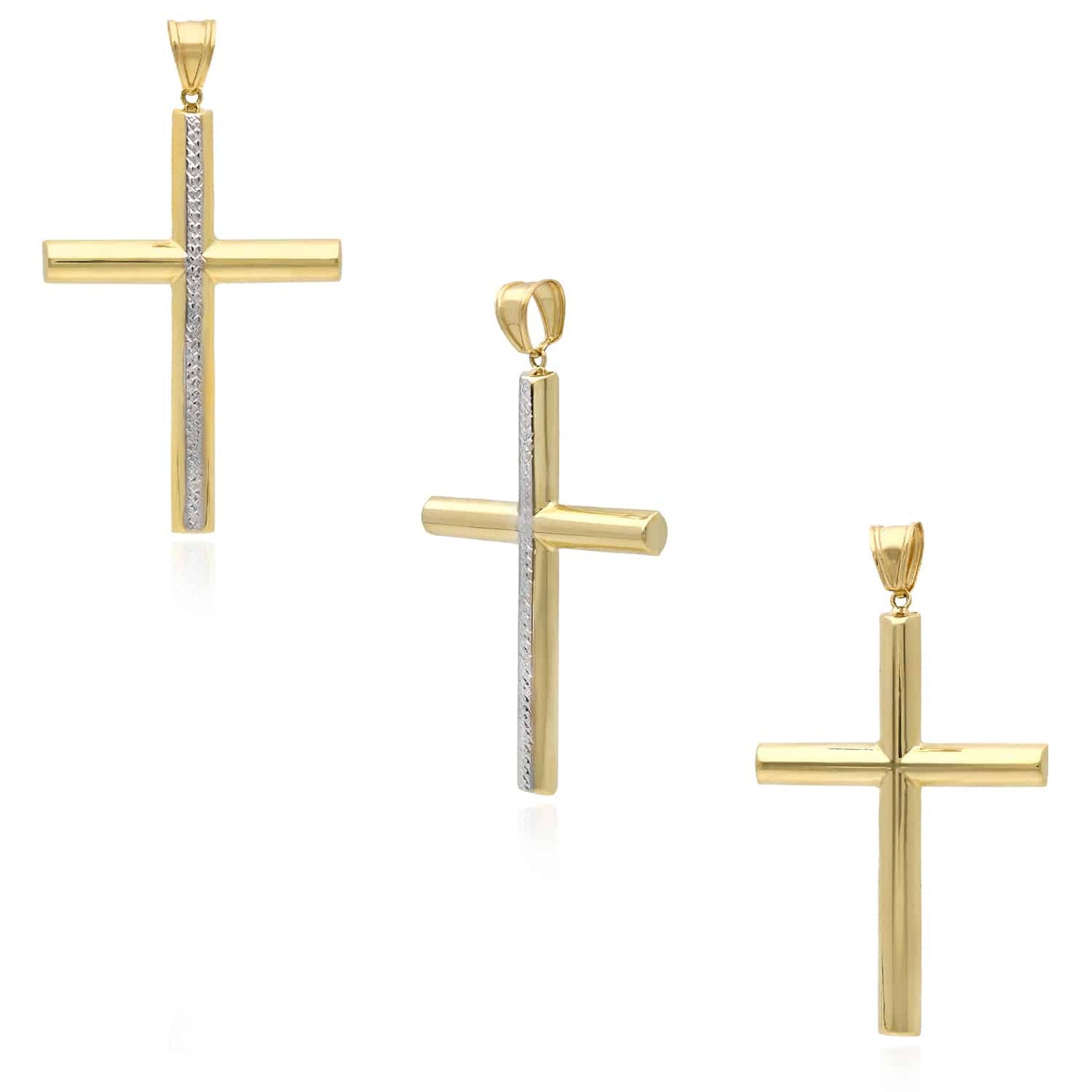 14K Real Gold Yellow White Diamond-Cut Stripe Cross Pendant 3.2"