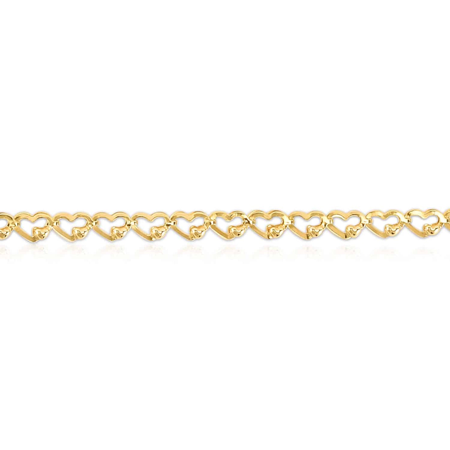 14K Real Gold Yellow 3.2mm Hearts Charm Link Bracelet 7.5"