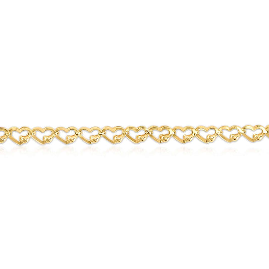 14K Yellow Gold 3.2mm Hearts Charm Link Bracelet (Hollow) 7"