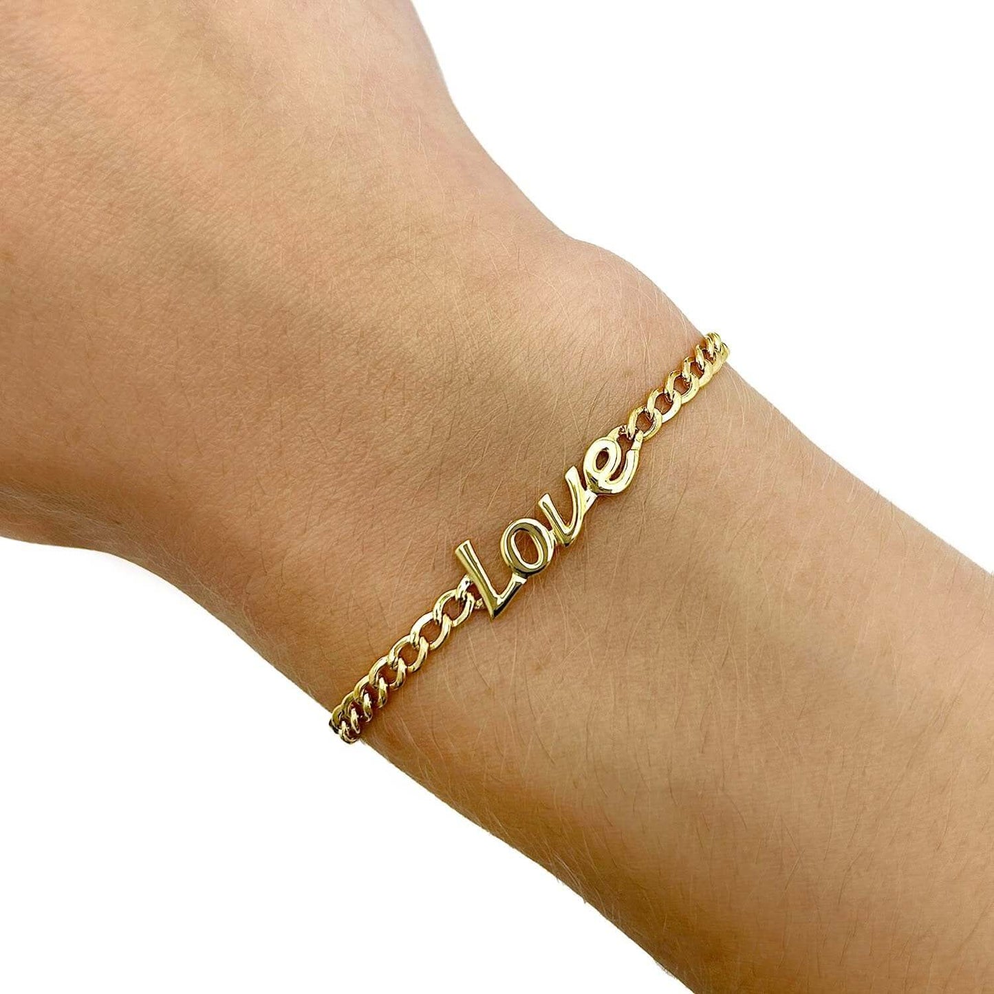 14K Real Gold Yellow Cuban "Love" Script Charm Bracelet 7"