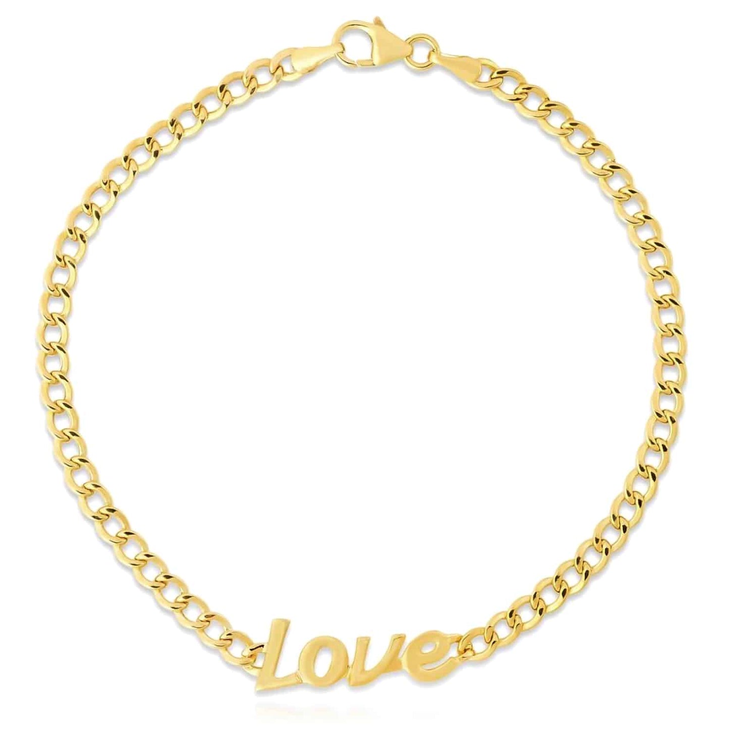 14K Real Gold Yellow Cuban "Love" Script Charm Bracelet 7"