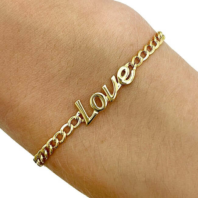 14K Real Gold Yellow Cuban "Love" Script Charm Bracelet 7"