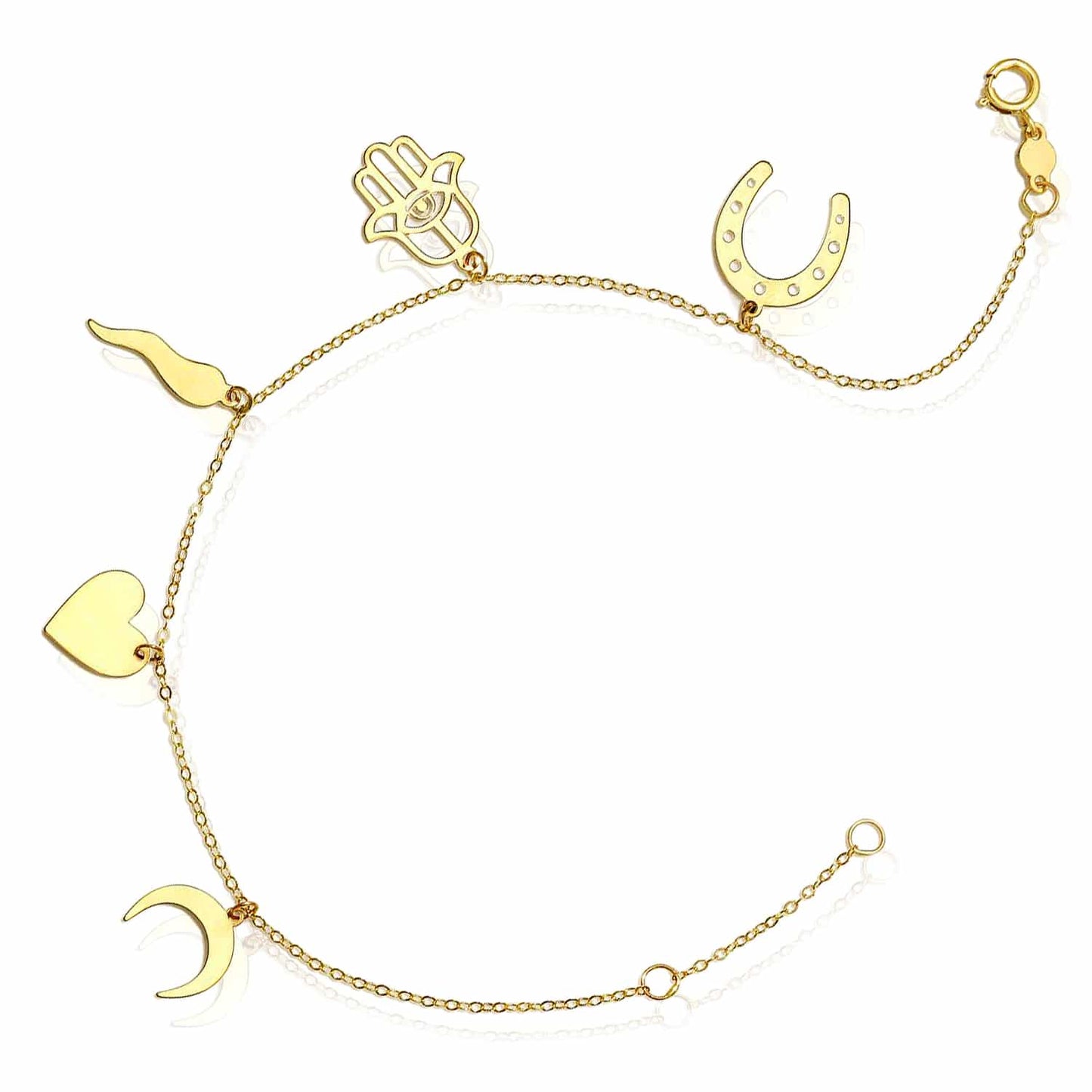 14K Real Gold Yellow Horseshoe Hamsa Horn Heart Moon Charms Bracelet 6.25"- 7" Adjus.