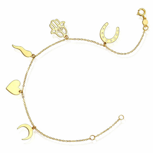 14K Yellow Gold Horseshoe Hamsa Horn Heart Moon Charms Bracelet (Solid Links) 6.25"-7" Adjustable