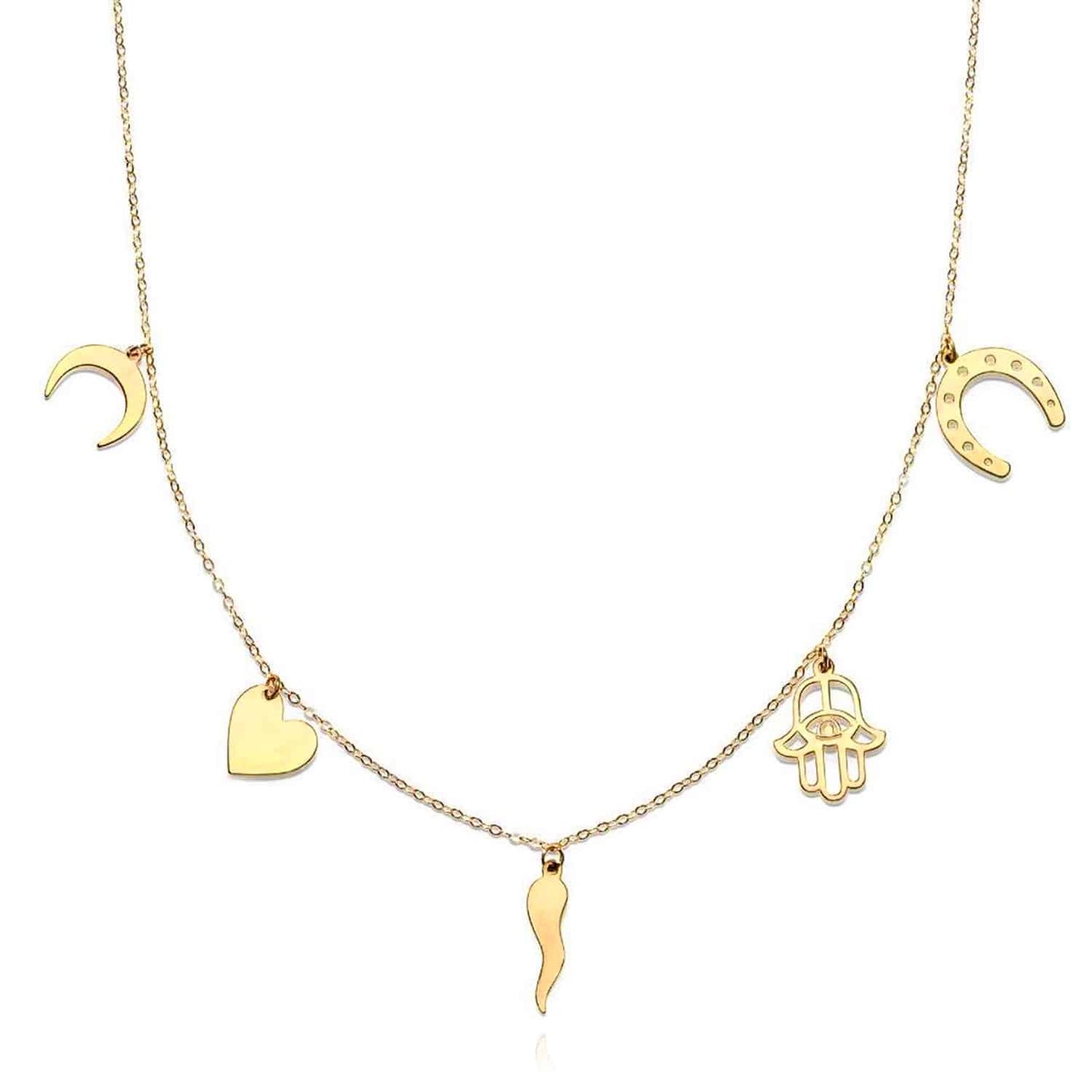 14K Real Gold Horseshoe Hamsa Horn Heart Moon Charms Necklace 16"-18" Adjust.