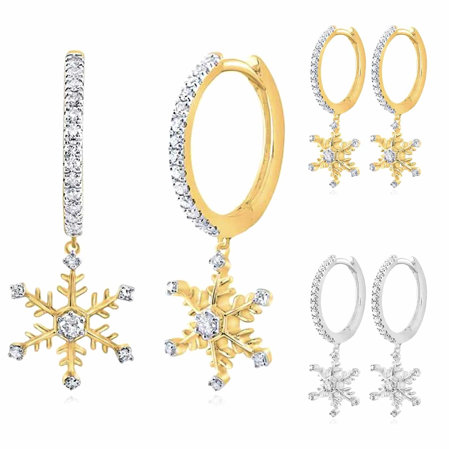 0.33CTW Natural Diamond 10K Gold Yellow White Snowflake Drop Earrings 28.5mm