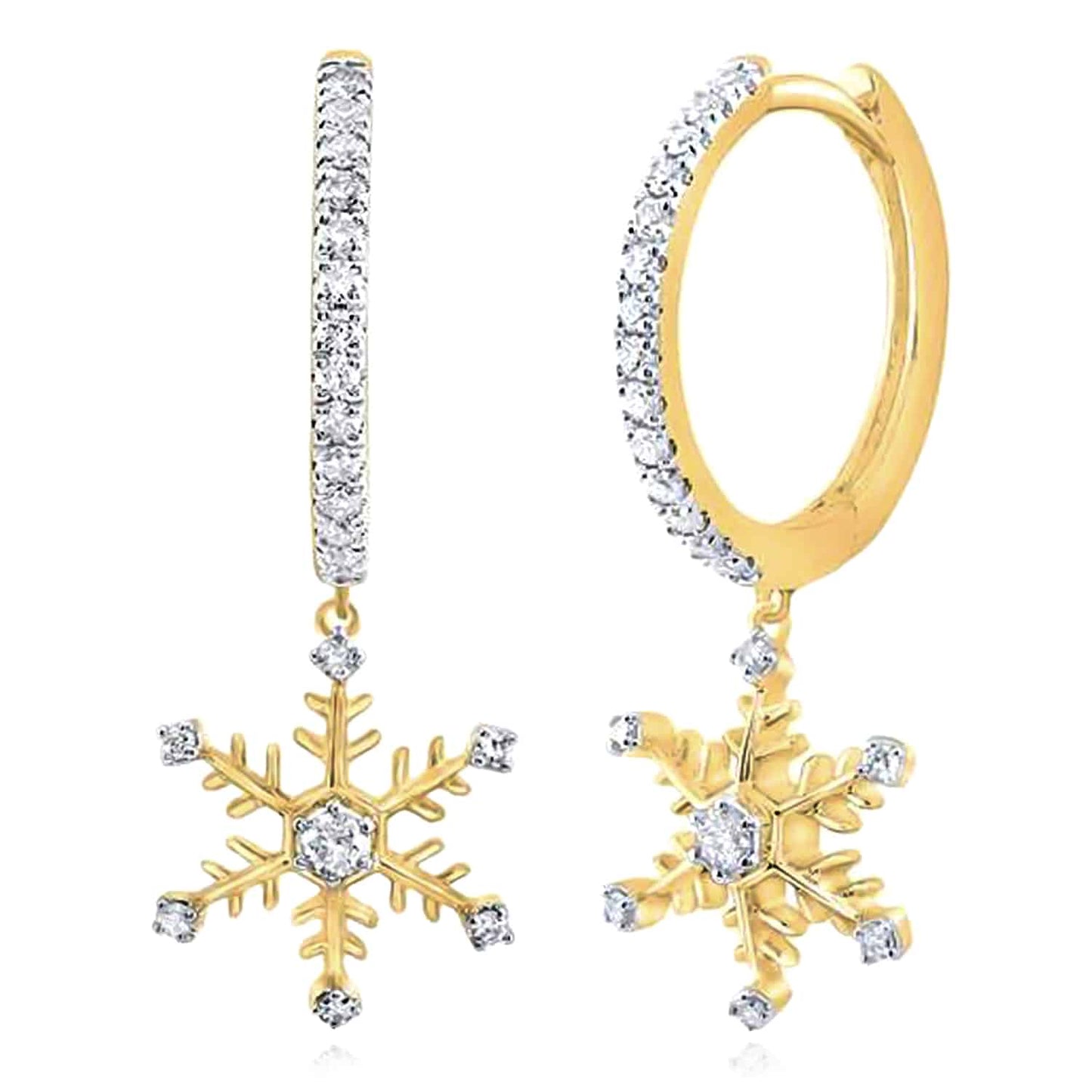 0.33CTW Natural Diamond 10K Gold Yellow White Snowflake Drop Earrings 28.5mm