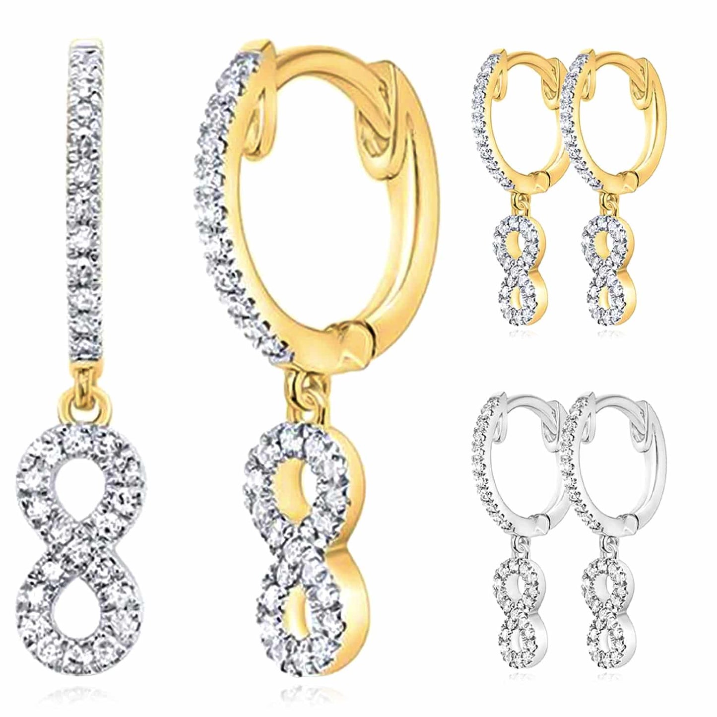 0.16CTW Real Diamond 10K Gold White Yellow Infinity Drop Earrings 19mm