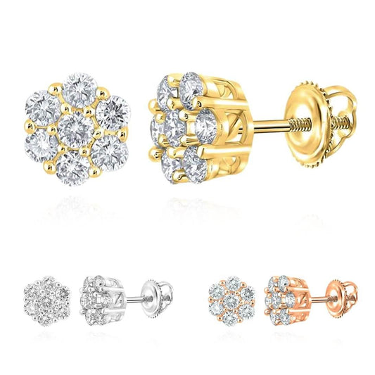 Natural Diamond 10K Gold Yellow White Rose Flower Cluster Stud Earrings 4.5-9mm