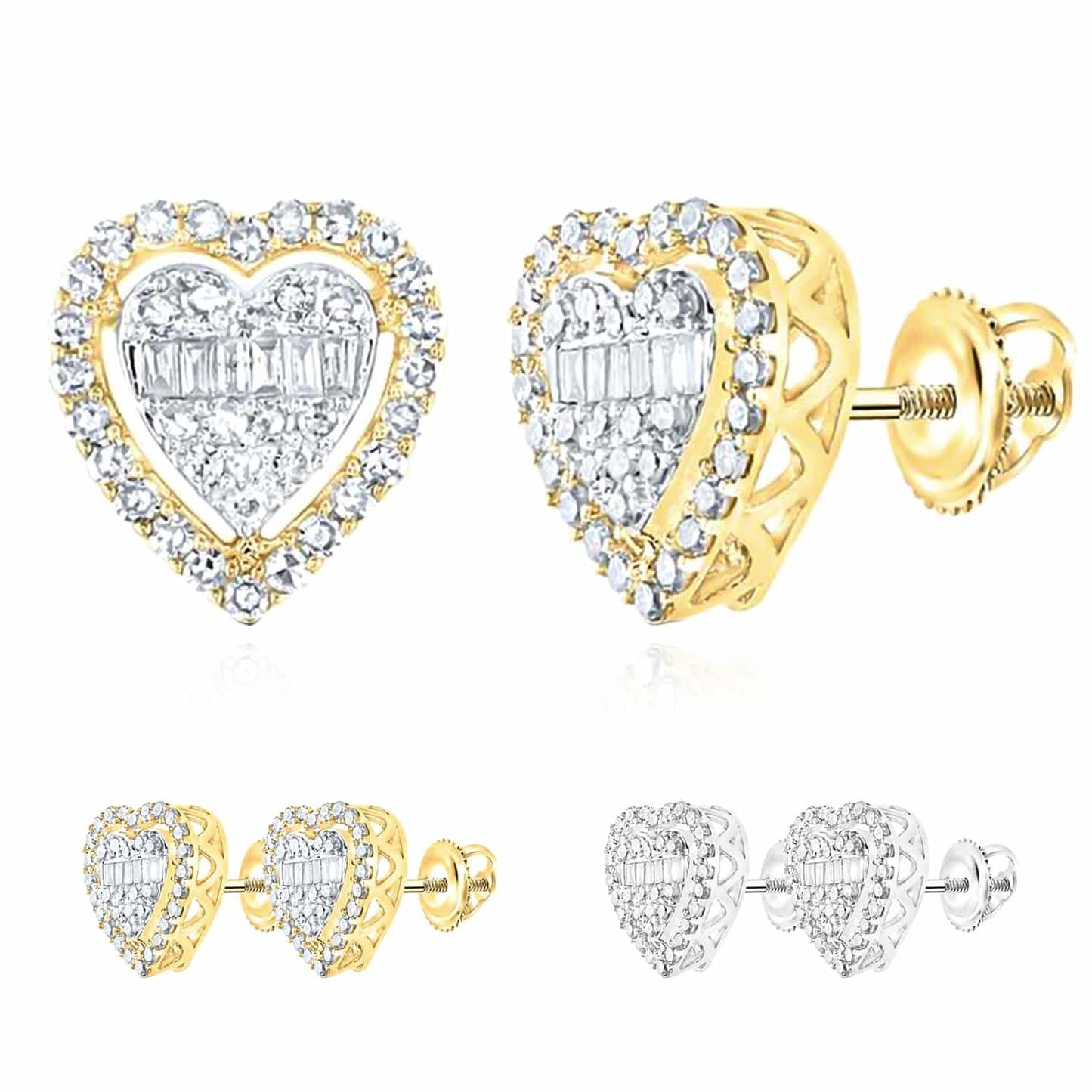 0.50CTW Real Diamond 10K Gold Yellow White Baguette Heart Stud Earrings 9.6mm