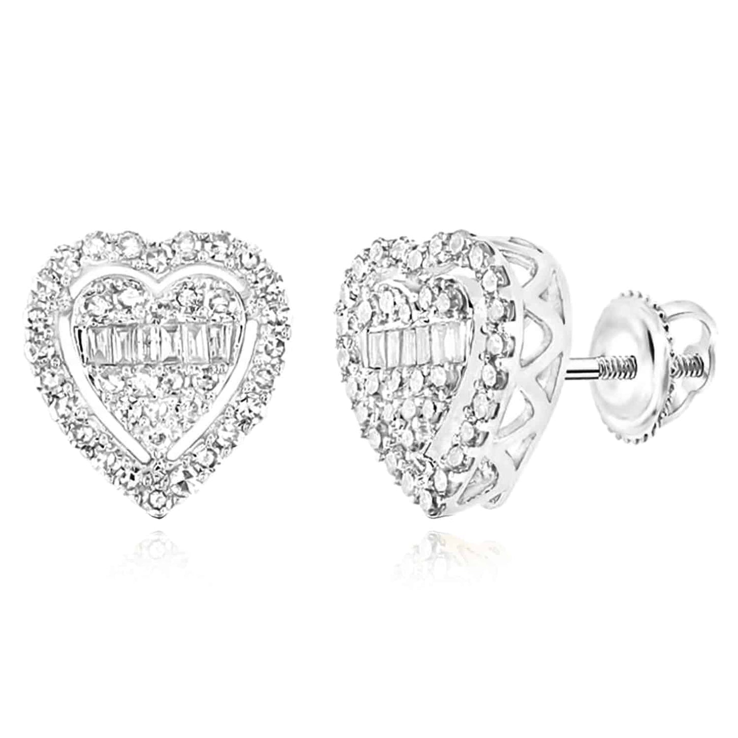 0.50CTW Real Diamond 10K Gold Yellow White Baguette Heart Stud Earrings 9.6mm