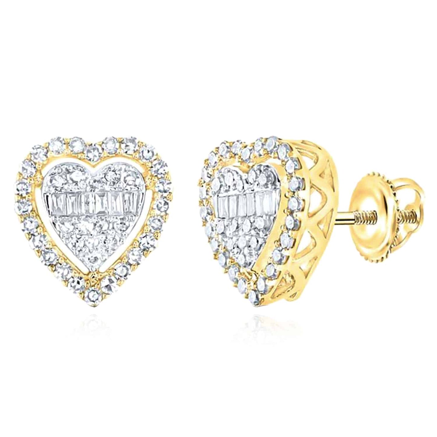 0.50CTW Real Diamond 10K Gold Yellow White Baguette Heart Stud Earrings 9.6mm