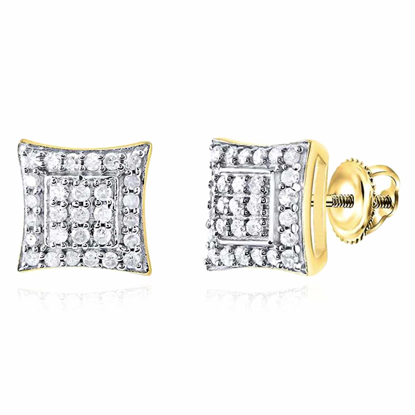 0.23CTW Real Diamond White Yellow Gold Over Silver Square Stud Earrings 7.3mm