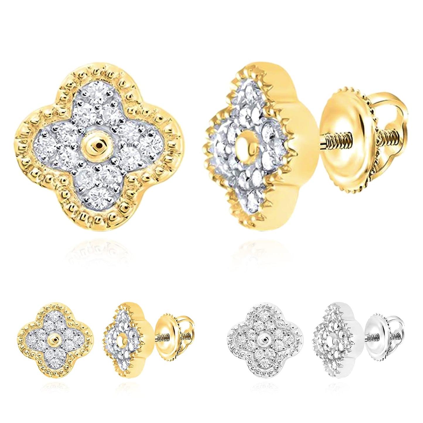 .16CTW Real Diamond 10K Gold Yellow White Clover Screw Back Stud Earrings 8mm
