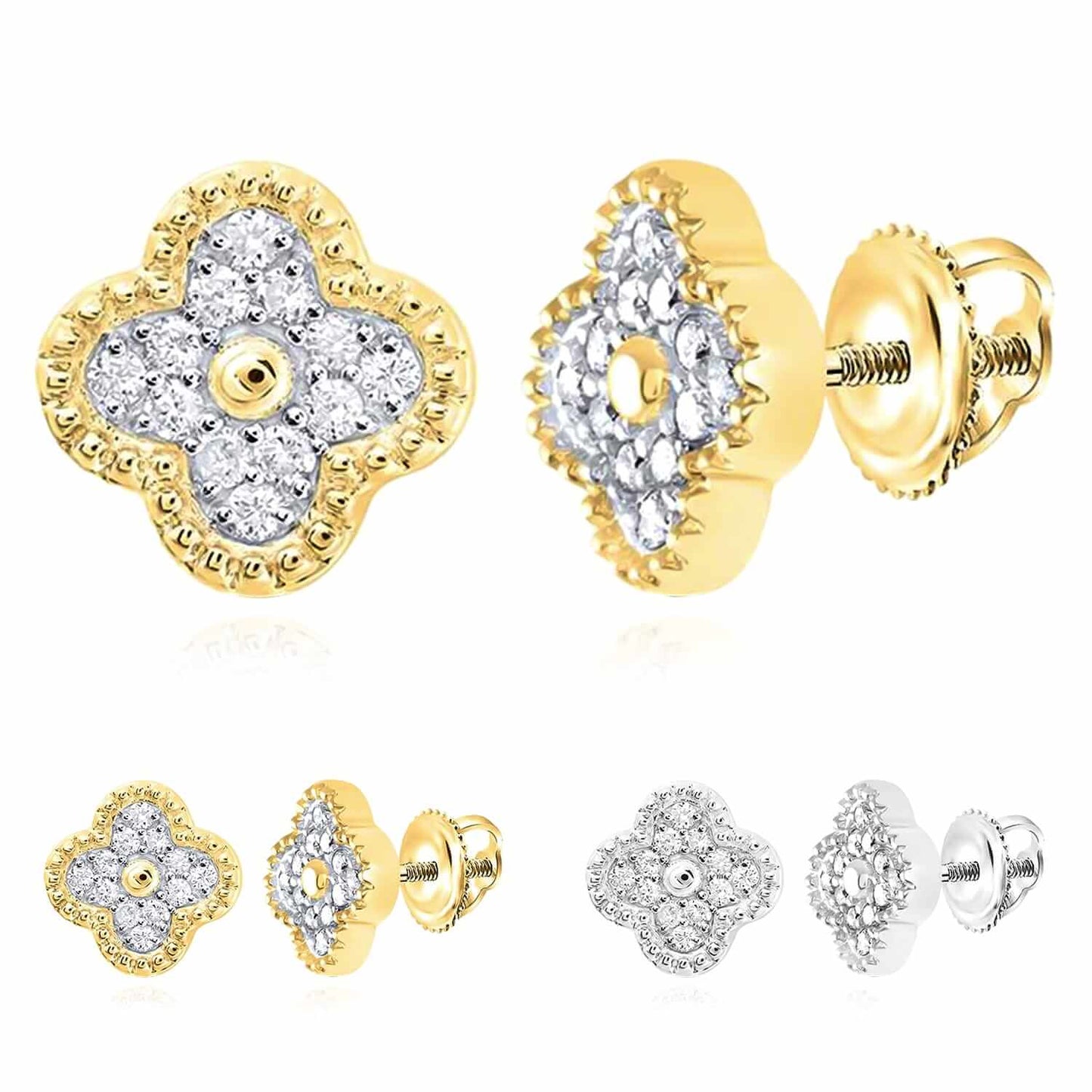 .16CTW Natural Diamond 10K Gold Yellow White Clover Screw Back Stud Earrings 8mm