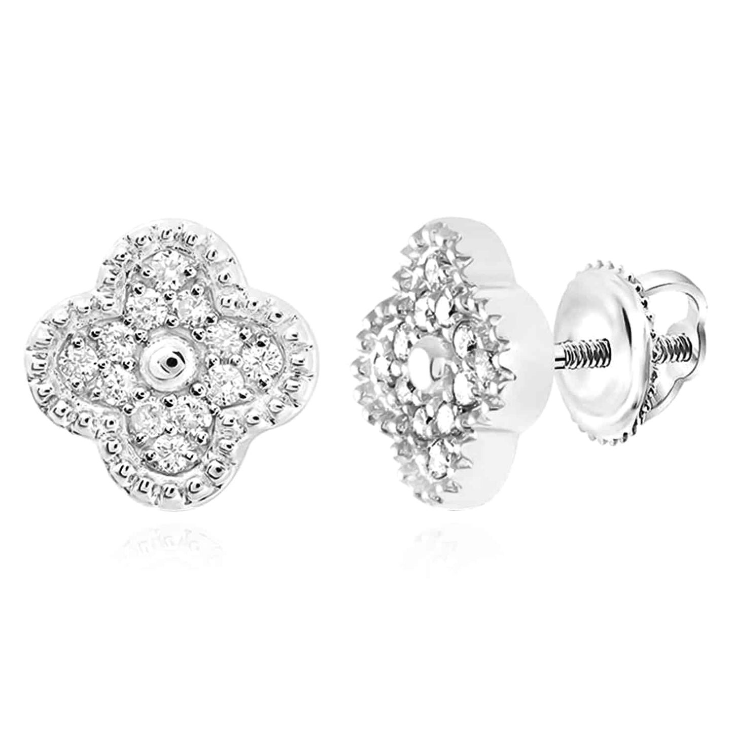 .16CTW Real Diamond 10K Gold Yellow White Clover Screw Back Stud Earrings 8mm