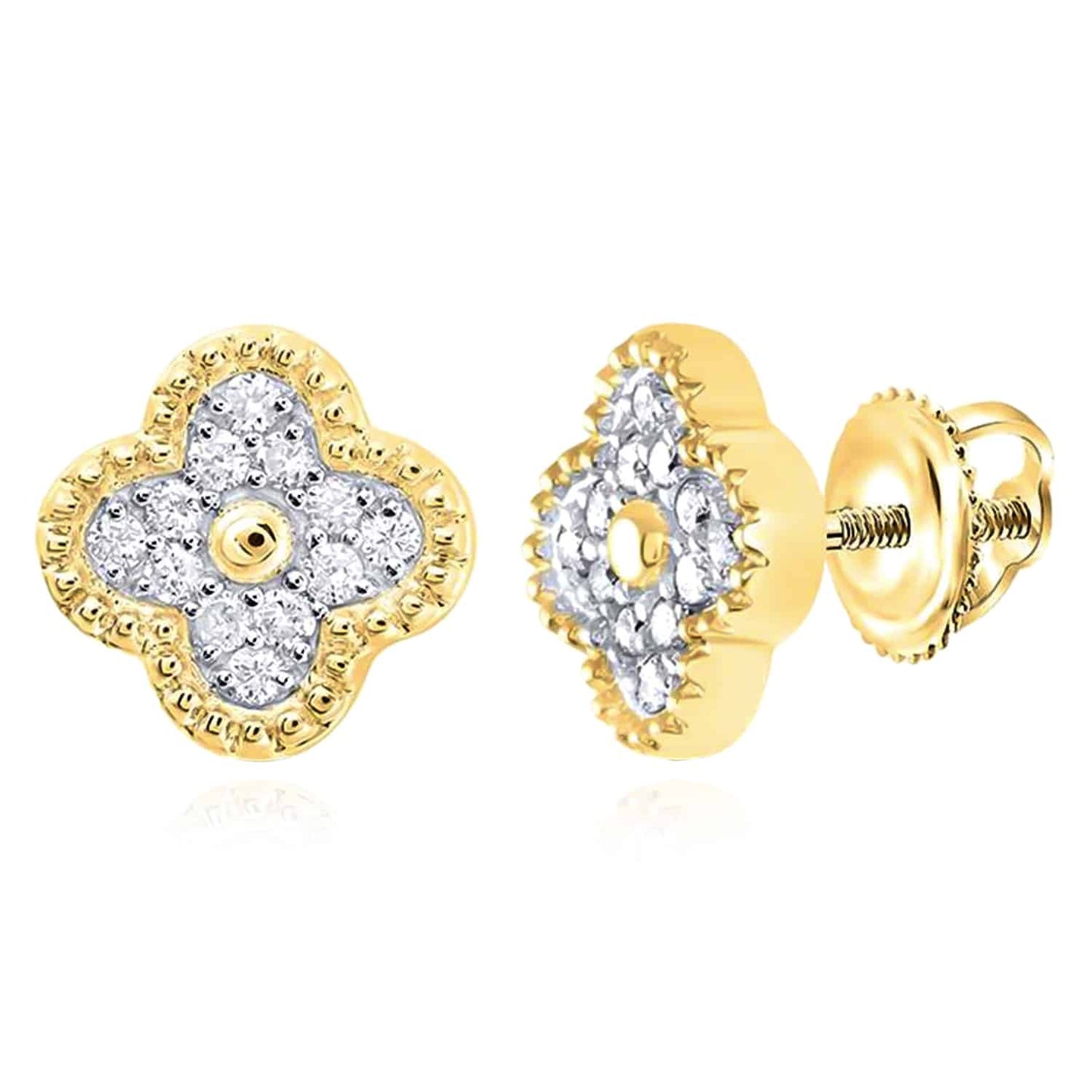 .16CTW Real Diamond 10K Gold Yellow White Clover Screw Back Stud Earrings 8mm