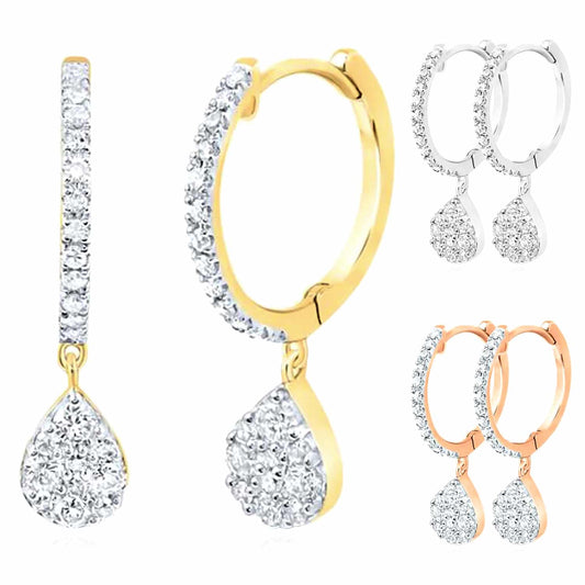 0.43CTW Natural Diamond 10K Gold Yellow White Rose Teardrop Earrings 19mm