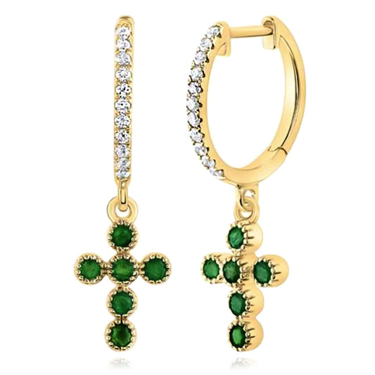 0.10CTW Natural Diamond 14K Gold Green Emerald Cross Earrings 23mm