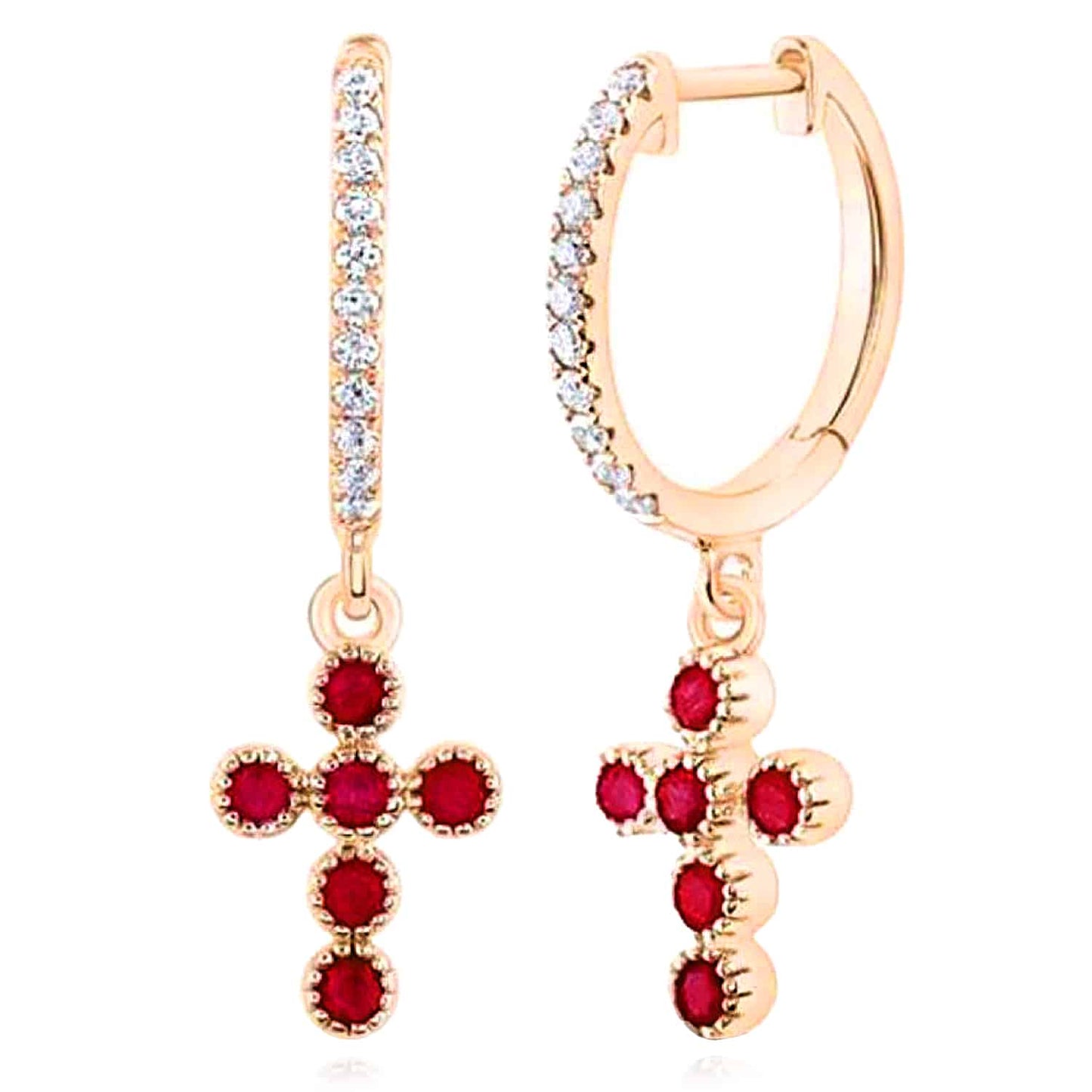 0.10CTW Real Diamond 14K Rose Gold Red Ruby Cross Earrings 23mm