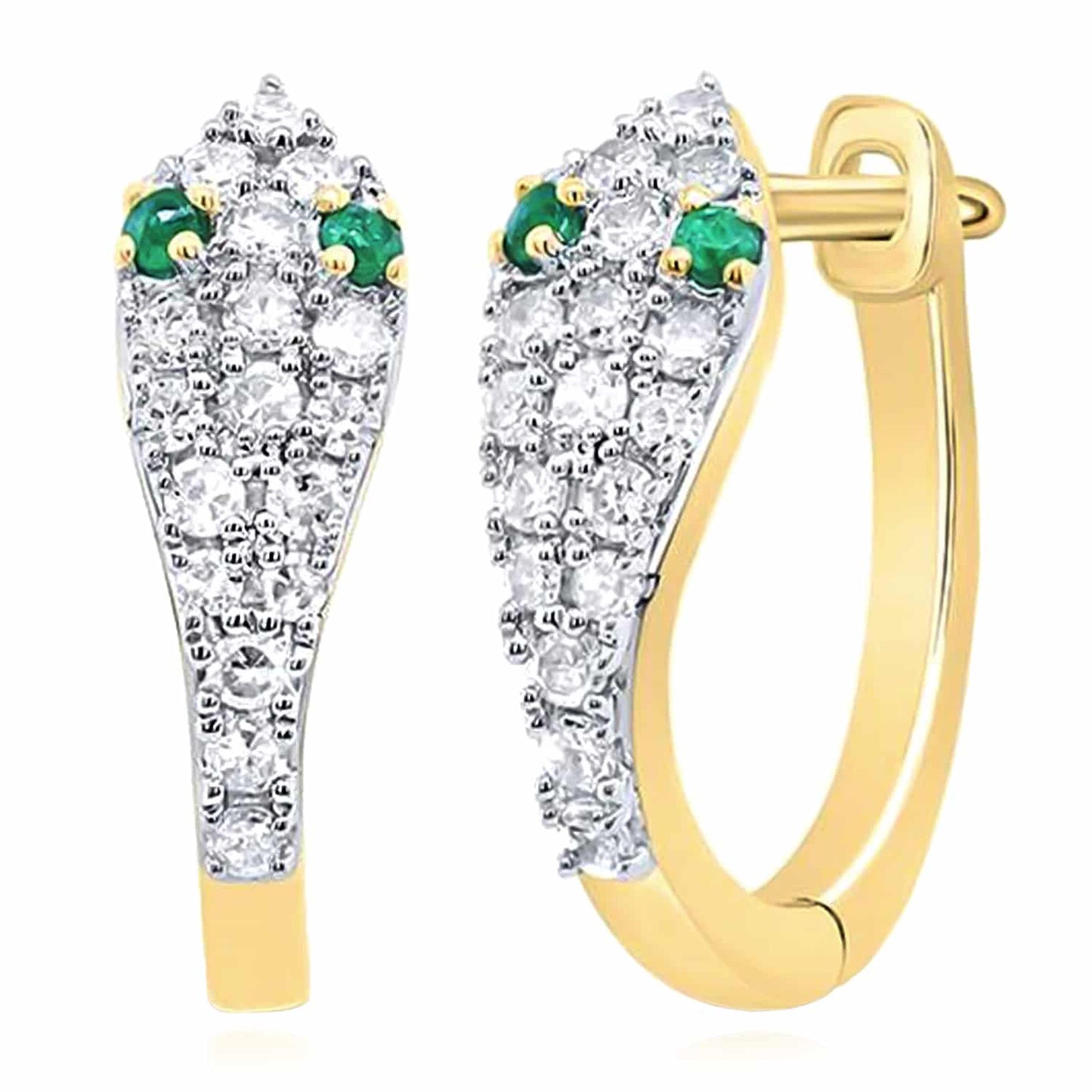 Real Diamond Emerald 14K Real Gold Yellow White Serpentine Snake Hoop Earrings