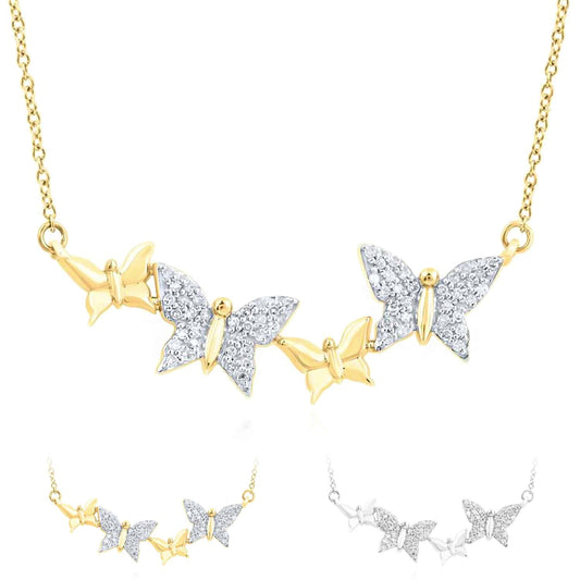 0.25CTW Natural Diamond 10K Yellow White Gold Butterfly Necklace (Solid Links) 18"