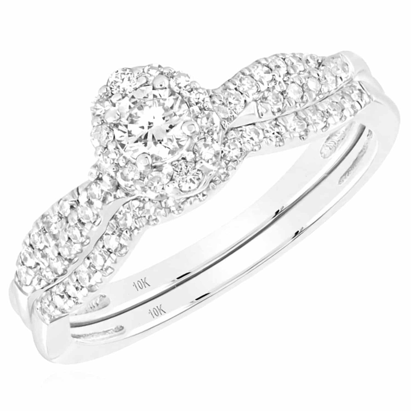 0.50CTW Real Diamond 10K Gold White Twist Engagement Wedding Ring Set