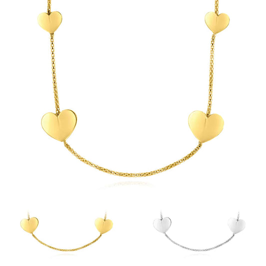 White Gold Over Sterling Silver Heart Lariat Station Charms Necklace (Solid Links) 16"-18" Adjustable