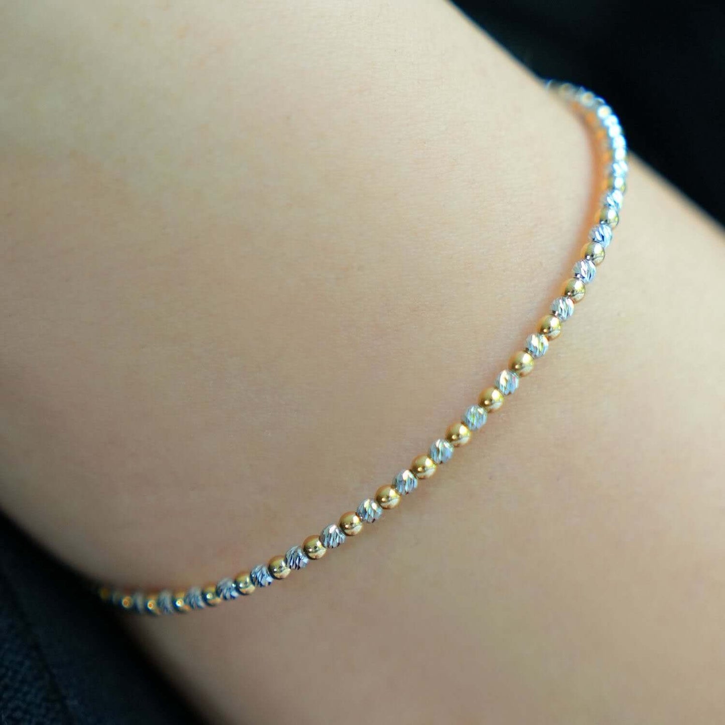 Solid 14K Real Gold Yellow White Two-Tone Bead Ball Bracelet 7"