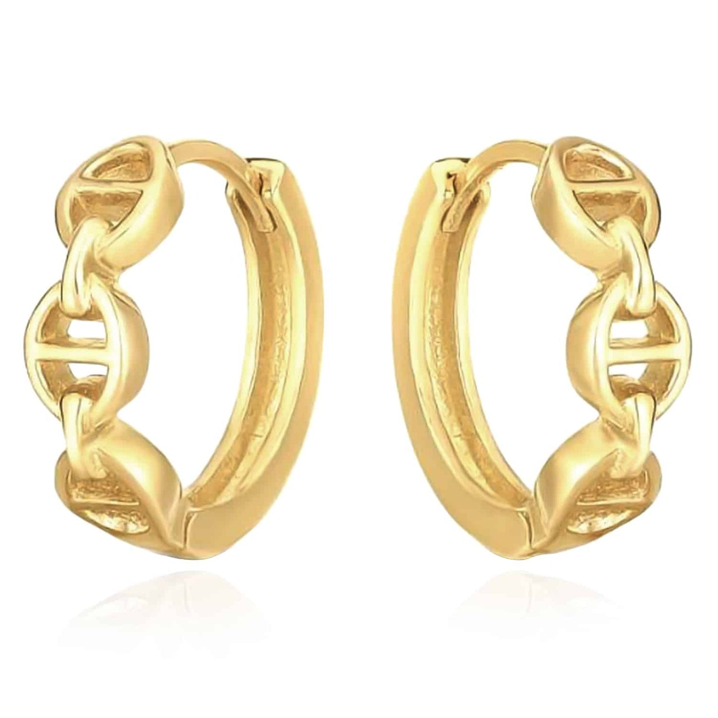 14K Gold Oval Mariner Snap Closure Huggie Hoop Earrings 12mm