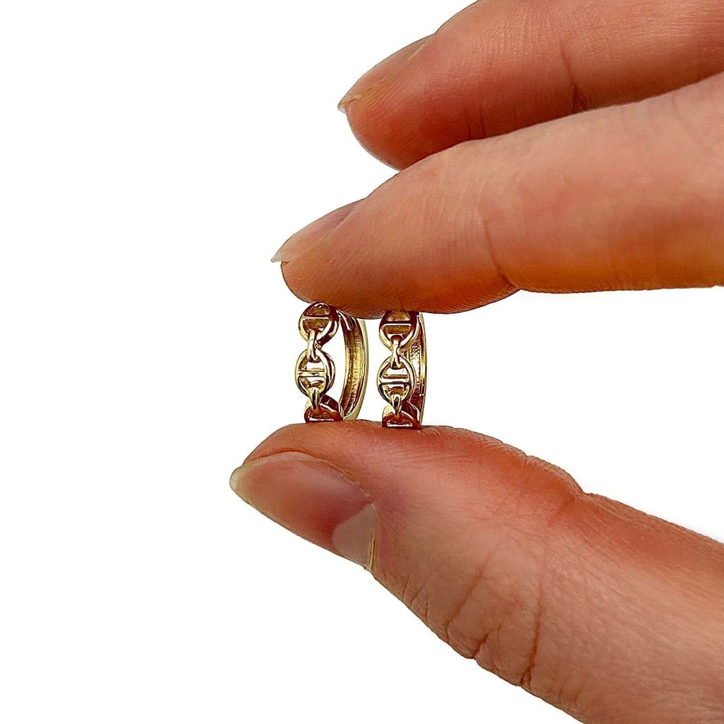 14K Gold Oval Mariner Snap Closure Huggie Hoop Earrings 12mm