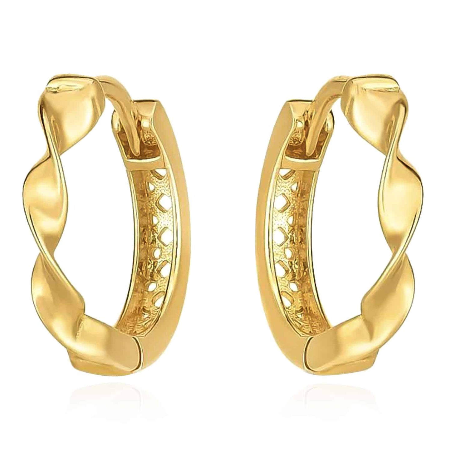 14K Real Gold Twisted Snap Huggie Hoop Earrings 14mm