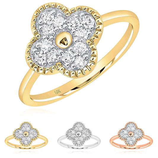 0.33CTW Natural Diamond 10K Gold Yellow White Rose Clover Leaf Ring