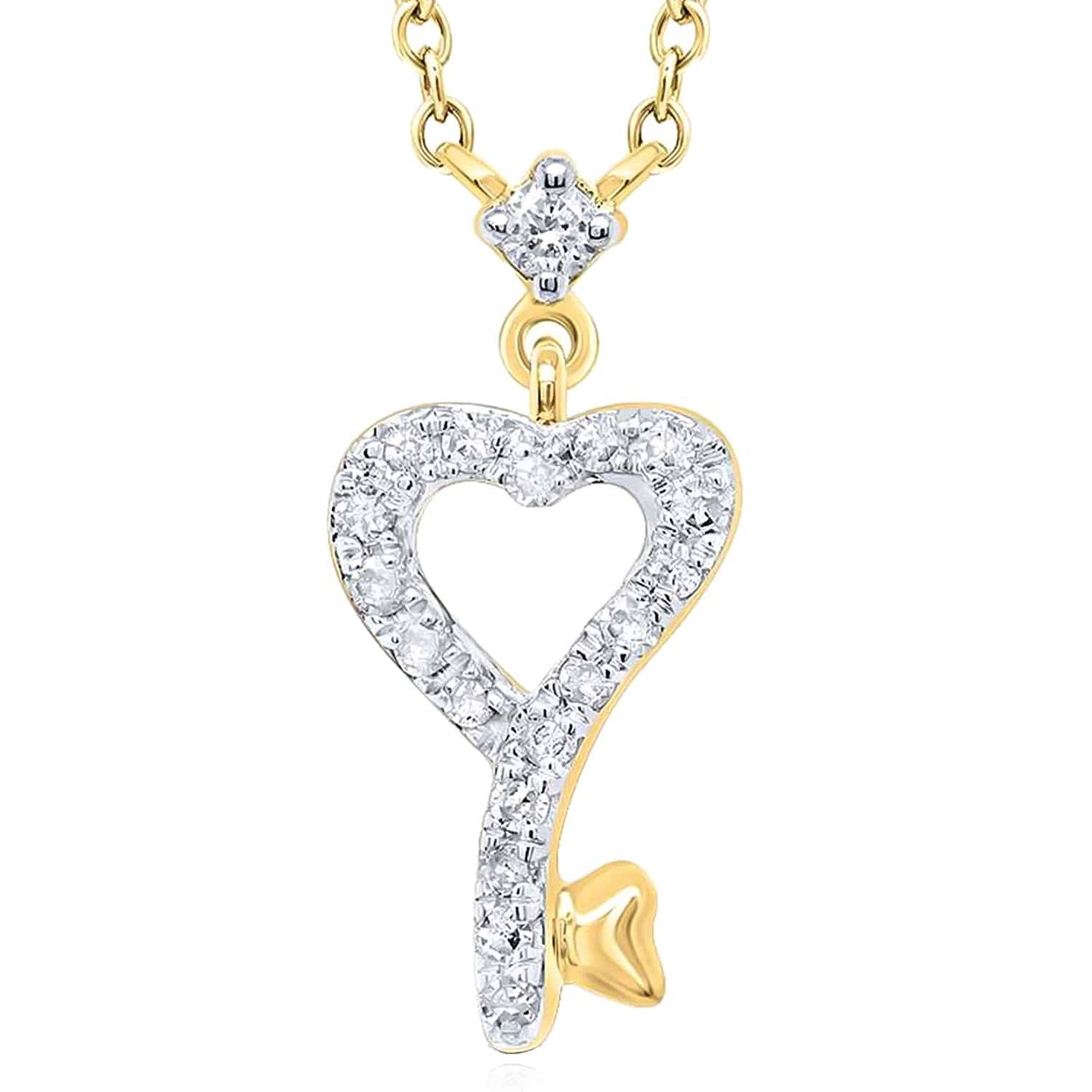 0.10CTW Real Diamond 10K Gold Yellow White Heart-Key Pendant Necklace 18"