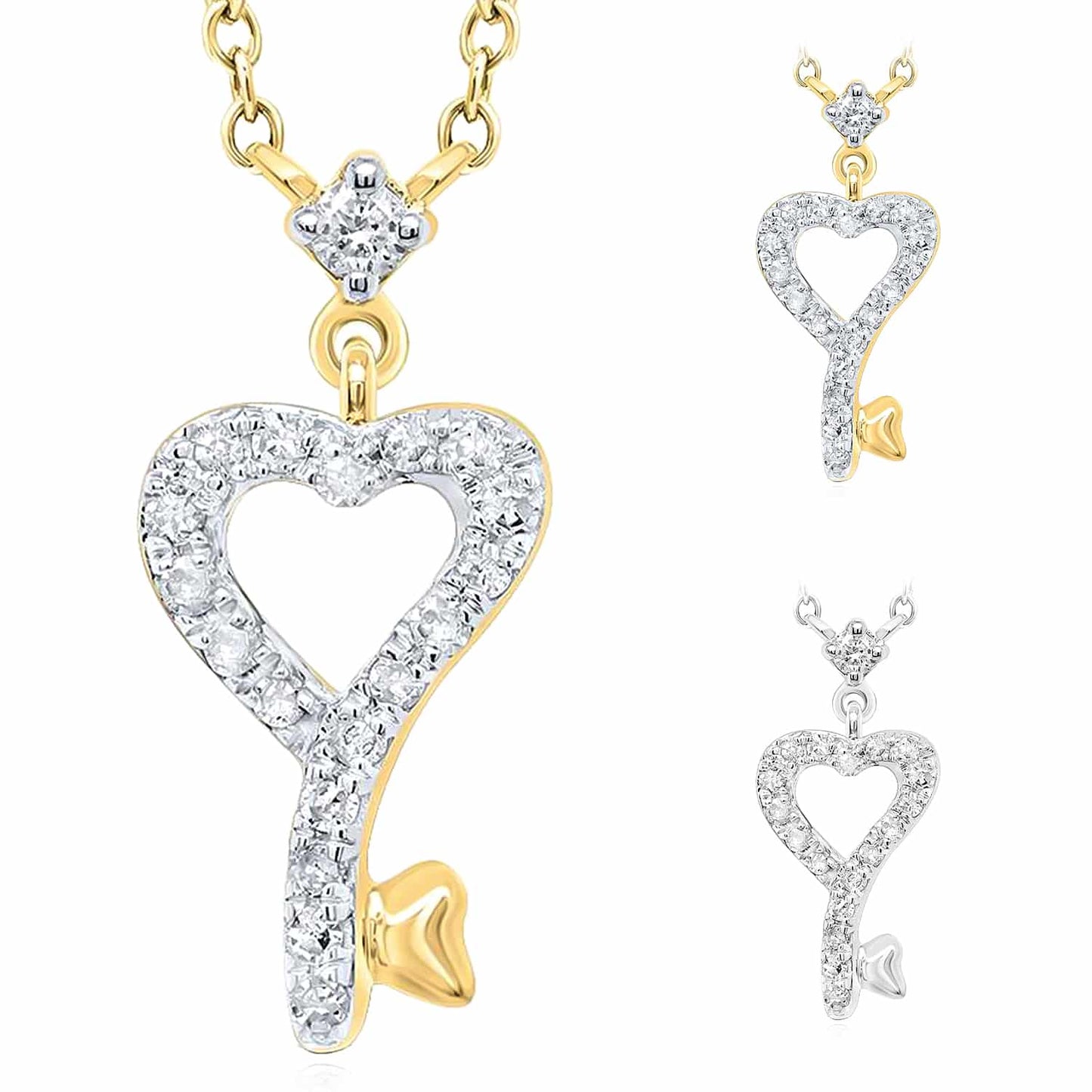 0.10CTW Real Diamond 10K Gold Yellow White Heart-Key Pendant Necklace 18"