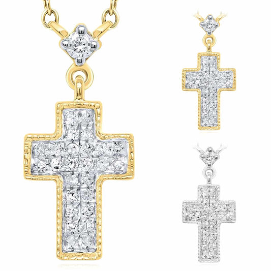 0.12CTW Natural Diamond 10K Yellow White Gold Cross Necklace (Solid Links) 18"