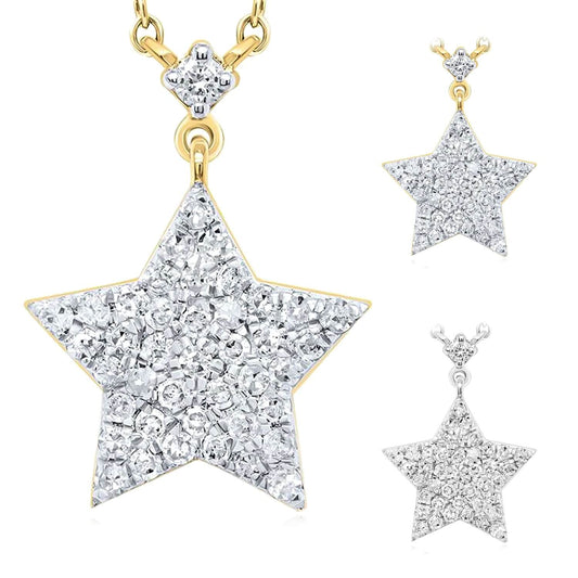 0.25CTW Natural Diamond 10K Yellow White Gold Star Necklace (Solid Links) 18"