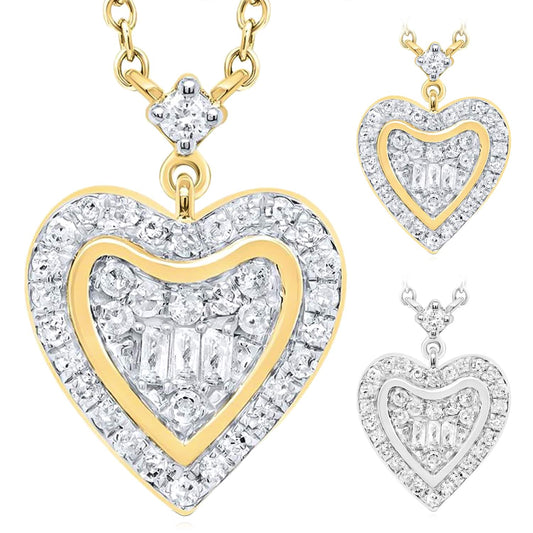 0.25CTW Natural Diamond 10K Yellow White Gold Heart Necklace (Solid Links) 18"