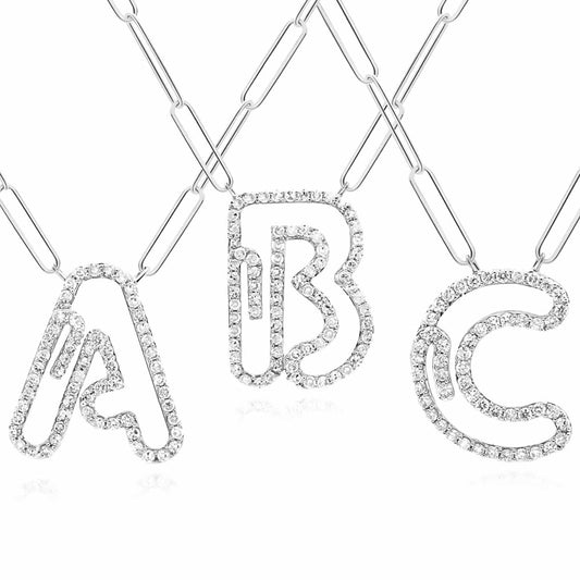0.33CTW Natural Diamond 10K White Gold Initial Paperclip Necklace (Solid Links) 18"