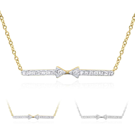 0.12CTW Natural Diamond 10K Yellow White Gold Bowtie Bar Necklace (Solid Links) 18"