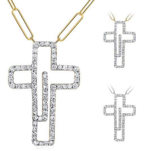 Natural Diamond 10K Yellow White Gold Cross Paperclip Necklace (Solid Links) 18"