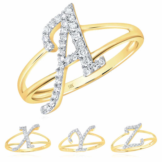 0.16CTW Natural Diamond 10K Yellow Gold Alphabet Initial Diamond Ring