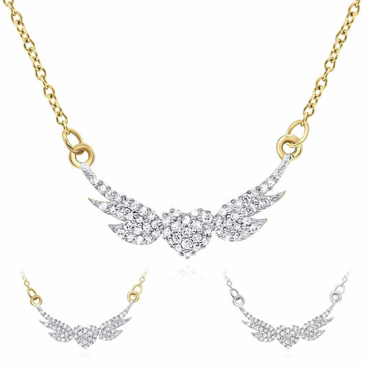 Natural Diamond 10K Yellow White Gold Heart Angel Wings Necklace (Solid Links) 18"