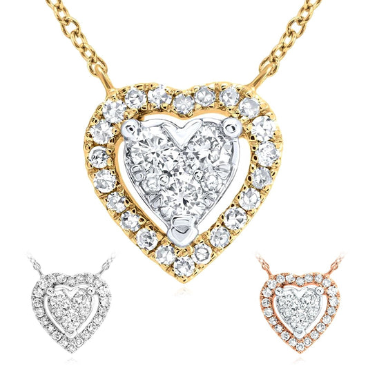 Natural Diamond 10K Yellow White Rose Gold Heart Necklace (Solid Links) 16"-18"